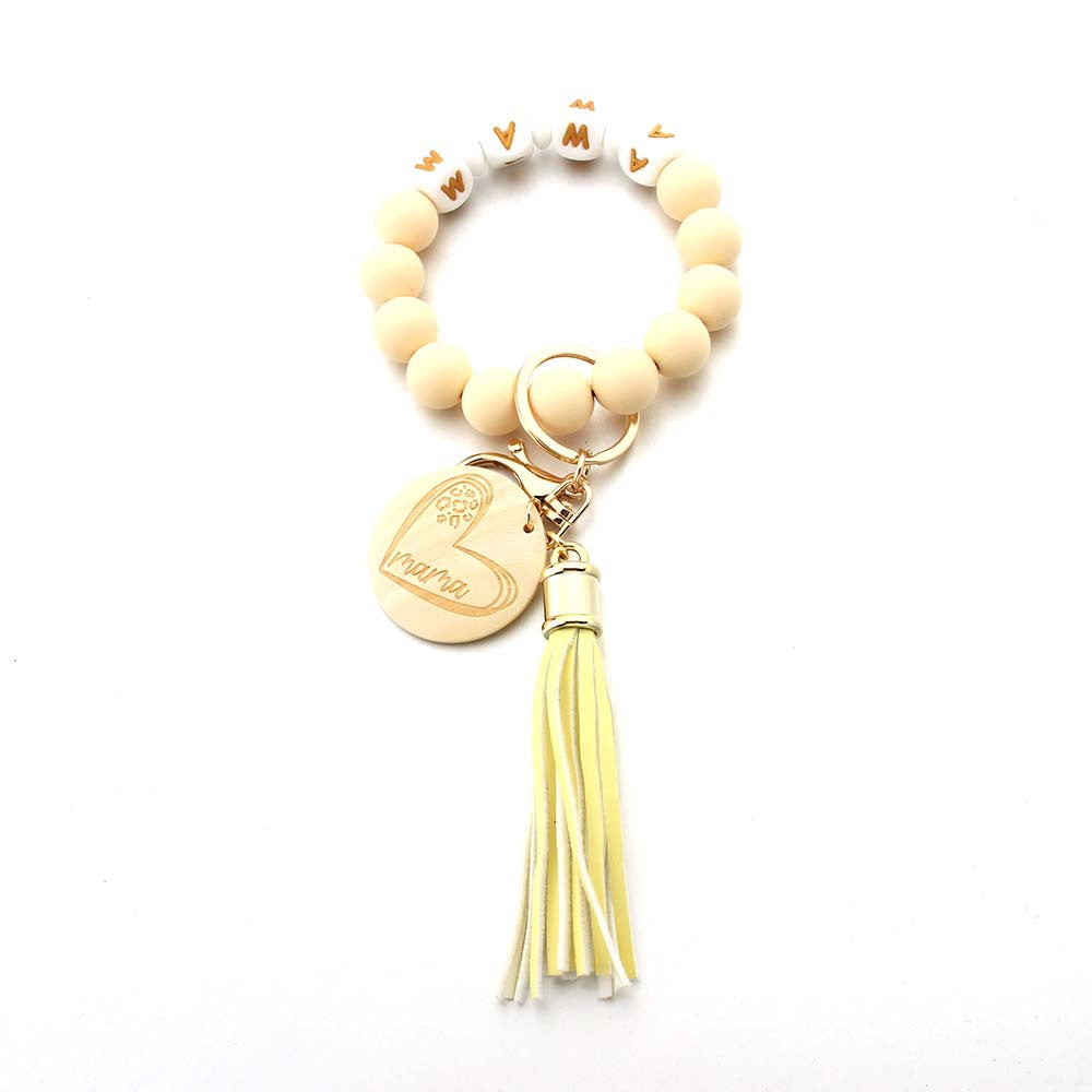 Wholesale Cartoon Love Wooden Sign Creative MAMA Letter Silicone Bead Wrist Keychain